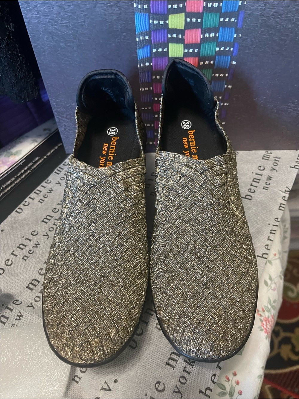 bernie mev. Metallic Woven Slip-On Loafers in Gold
